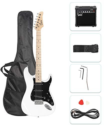 GLARRY Full Size Electric Guitar Kit for Beginner, GST Series Starter Package with 20W Amp and Accessories Pack Gig Bag, Strap Pick, Tremolo Bar, and Cable (White)