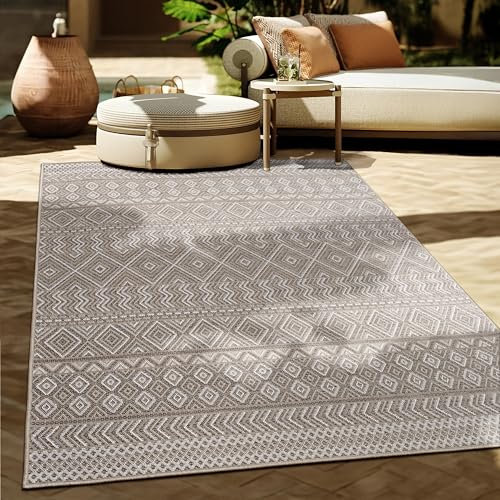 Paco Home Outdoor Teppich, Wetterfest, UV-beständig & Pflegeleicht, Flachgewebe Modern Boho-Style. Ideal für Terrasse Balkon Wohnzimmer & Küche, Grösse:150 cm Quadrat, Farbe:Beige 3