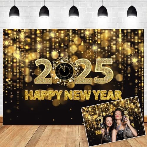 OERJU 2024 Happy New Year Hintergrund Schwarz und Gold Glitzer Bokeh Halos Fotografie Hintergrund Prost auf das neue Jahr Heiligabend Party Dekoration Banner Erwachsene Kinder Fotostudio Requisiten 3