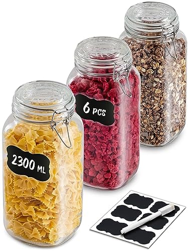 Praknu 3 Einmachgläser mit Bügelverschluss Groß 2l - Mit Etiketten, Stift und extra Silikondichtungen - Platzsparend durch eckige Form - Spülmaschinenfest