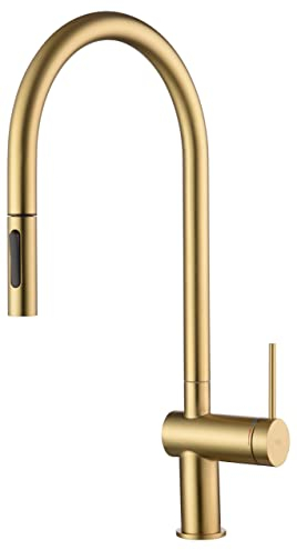 Mice Küchenarmatur, ausziehbar, Einhebelmischer, energiesparend, Kalt-/Warmwassermischer, 360° schwenkbarer Auslauf, gebürstetes Gold