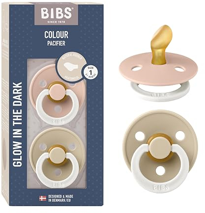 BIBS Colour Anatomical Glow Schnuller 2er-Pack, BPA-frei. Leuchtet im Dunkeln, Kiefergerechte Form. Naturkautschuk/Latex, Hergestellt in Dänemark. Größe 1 (0-6 Monate), Blush Glow/Vanilla Glow