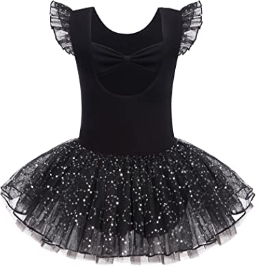 Arshiner Kinder Ballettkleidung Schleifen Mädchen Paillette Ballettkleid Kurzarm Ballettanzug mit Glänzender Tutu-Rock Ballerina-Outfits Schwarz 140