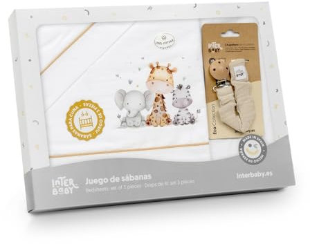 Juego de Sabana para Cuna 60x120cm (3 Piezas: Bajera, encimera y Funda de Almohada + Chupetero de Regalo) de Algodon 100% Producto Fabricado en España por Interbaby (Beige, Cuna 60 x 120cm)