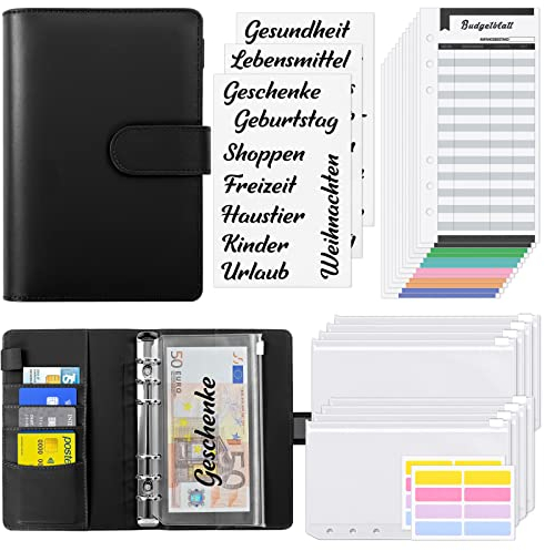 KONVINIT Budget Planner Deutsch,A6 Budget Planner Budget Binder mit Geldumschläge Geld Organizer Umschlagmethode Finanzplaner/Sparbuch - Anleitung für Anfänger,Geld Sparen,schwarz