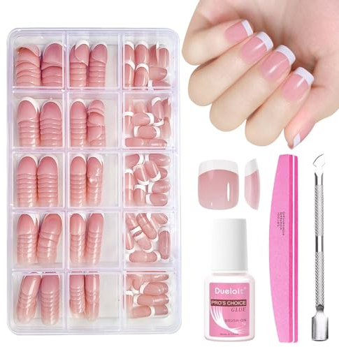 240pcs French False Nails Kit - Short Press On Nails - 15 Sizes Nude Pink French Tip False Nails - Glossy Full Cover Stick on Nails