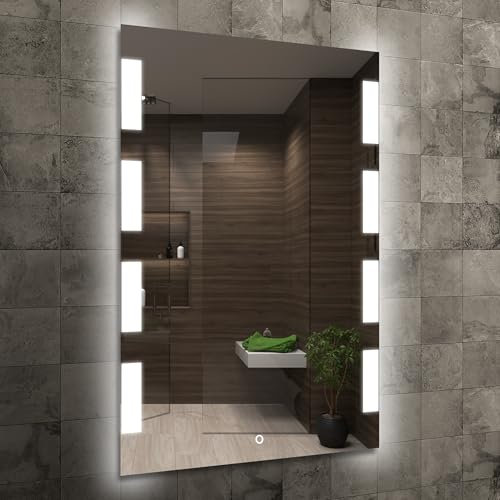 Home Glow Venti 50x70cm Badezimmerspiegel mit Beleuchtung LED Badspiegel mit Beleuchtung Badezimmer Wandspiegel LED Spiegel mit Berührungsschalter LED Badezimmerspiegel mit seitlichen Leuchtmustern