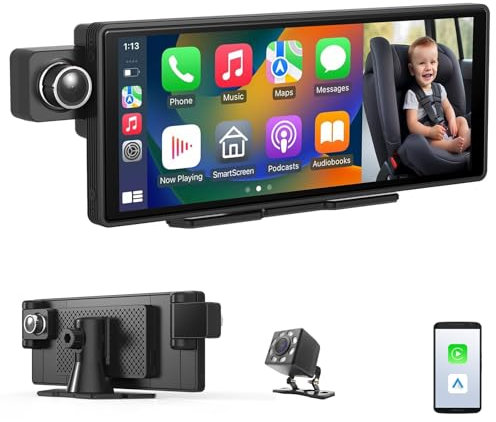 Sunweyer 10.26'' Portatile Estéreo para Coche, Monitor para Bebé, Cámara para Asiento Trasero, Pantalla Inalámbrica CarPlay, Android Auto, 3 Cámaras, DVR, Navegación, Bluetooth, Transmisor FM, 1080P