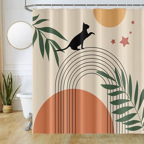 Uiiooazy Rideau Douche Anti Moisissure, Rideau de Douche 180x220cm Terracotta Orange Abstrait Feuilles Vert Rideaux de Baignoire Tissu Lavable Imperméable Rideaux Salle de Bain avec 12 Crochets