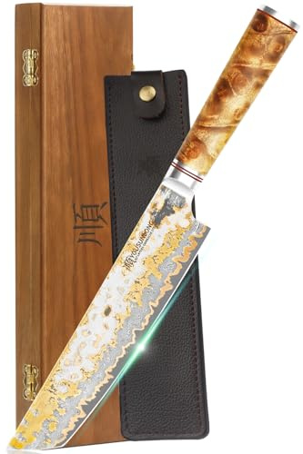 YOUSUNLONG Küchenmesser - 210mm japanisches handgefertigtes Tanto-Kochmesser - rasiermesserscharfe Kupfer-Damaszener-Stahlklinge - Naturel Burl Holzgriff mit Leder - Hackbeil-Schnitzmesser