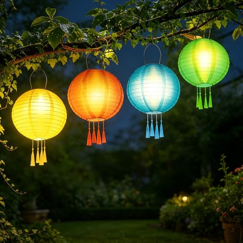 HOVCEH 4 Stück 25cm Solar Lampions Außen Wetterfest, SolarLampions Outdoor, Lampions LED Solar, Solarlampen Lampions, Gartenlaterne Hängend, Solar Beleuchtung Laterne, Balkon Deko