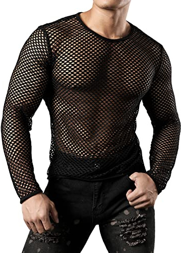 JOGAL Mens Fishnet Mesh Long Sleeve Shirt Fitted Muscle Top | See-Through, Sexy, Goth, Metal, 90s Retro, Androgynous, Slim Fit, Nightclub, Party, Music Festival, Performance