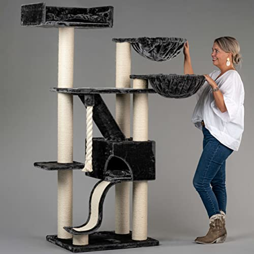 RHRQuality Cat Tree for Large Cats - Kilimanjaro Deluxe Plus – 195 cm High – With 12 cm Sisal Posts & Luxury Lying Area – Dark Gray