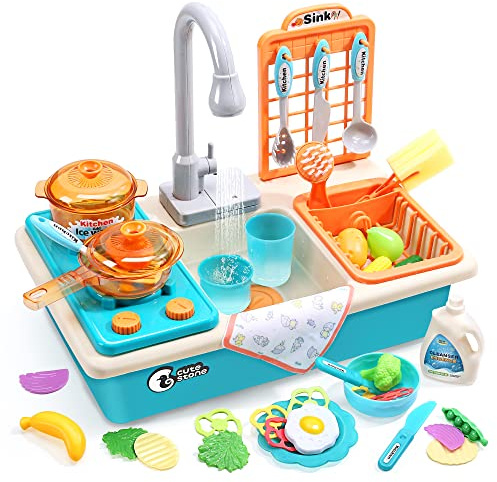 CUTE STONE Play Kitchen Sink Toys with Upgraded Real Faucet