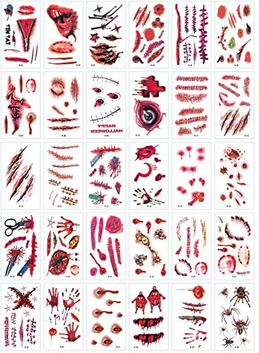 Halloween Tattoos - 30 Sheets Temporary Zombie Scars, Wounds, and Bleeding Fake Bloody Scab Stickers for Cosplay Party