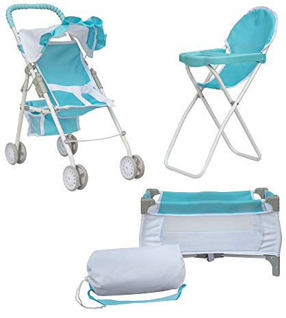 Olivias Little World 3-in-1-Puppen-Kinderwagen, Puppenhochstuhl und Kinderbett-Set Rosa OL-00013