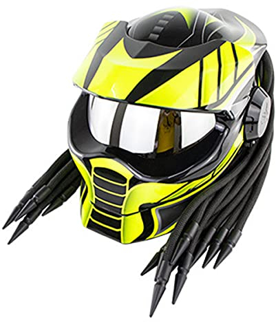 Integralhelm Motorrad, Persönlichkeit Predator Motorradhelm mit Haargeflecht und LED-Licht für Reiten im Freien oder Clubpartys und Cosplay, DOT,Gelb,L