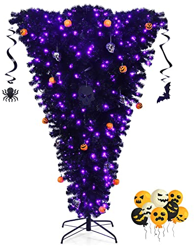 GIANTEX 180 cm Halloween Weihnachtsbaum künstlich, Kunsttannenbaum mit 270 lila Leuchten, Kunstbaum Halloween umgekehrt, Klappsystem und Metallständer, Dekobaum geschmückt, Christmas Tree schwarz