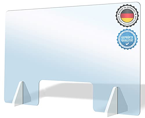 AtHaus® Spuckschutz Premium Quality Schutzscheibe aus Acrylglas 120 x 70 (BxH) cm mit Durchreiche 30x15 (BxH) cm Virenschutz Thekenaufsatz Trennwand Sichtschutz Spuck und Niesschutz
