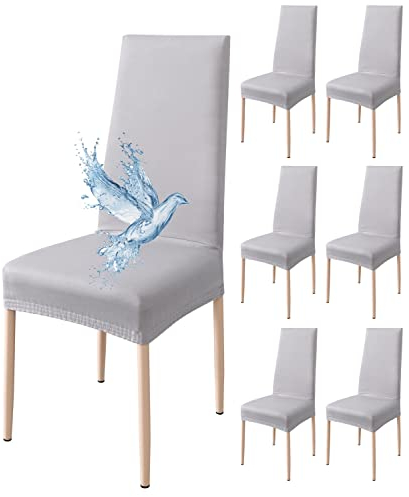 Poligino Stuhlhusse, 6-teilig, wasserdicht, Stuhlbezug, für Esszimmer, dehnbar, universal, leicht zu reinigen (Hellgrau, 6 Stück)