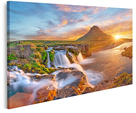 islandburner Bild auf Leinwand Schöne Landschaft Sonnenaufgang Kirkjufellsfoss Wasserfall Kirkjufell Berg Islan Bilder Wandbilder Poster