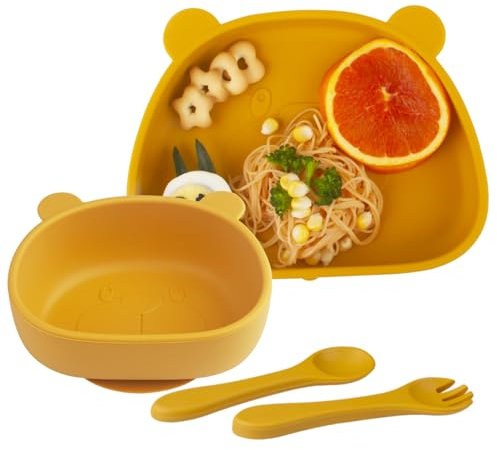 Set Vaisselle pour Bébé Silicone avec Ventouse, 4 Pièces, Set Repas pour Enfants, Inclus Anti-dérapant Assiette, Bol, Cuillère + fourche, Compatible Lave-vaisselle, Micro-onde, sans BPA
