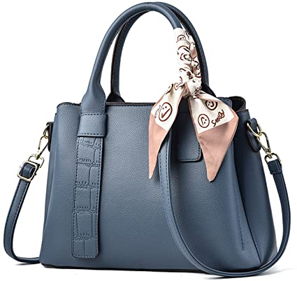 NICOLE & DORIS Damen Handtasche Modern Schultertaschen PU Leder Henkeltasche Elegante Frauen Umhängetasche Satchel Handtasche Shopper Tote Bag mit Seidentuch Blau