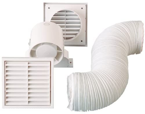 Everything Ventilation Bathroom Extractor Fan Kit | 15W In-Line Duct Fan with PVC Ducting & 2 Fixed Louver Grills with Electronic Adjustable Timer - IPX2 Rating: 100mm / 4