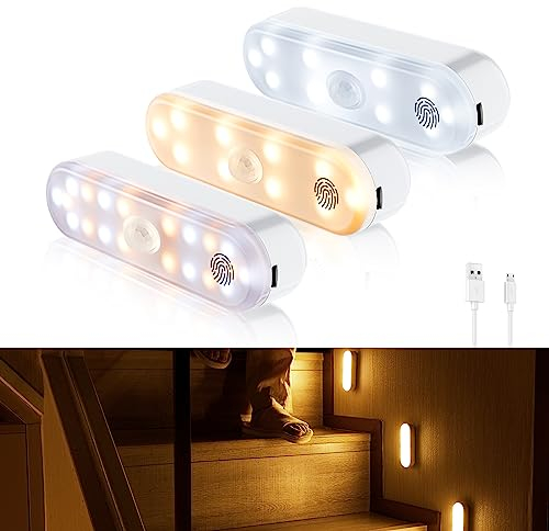 Tailcas Nachtlicht mit Bewegungsmelder, 4 Modi 3 Farben Dimmbar Nachtlicht Kinder Treppenbeleuchtung, 3 Stück 20 LED 1500mAh Aufladbar USB Magnetische Nachtlampe für Schlafzimme, Treppe