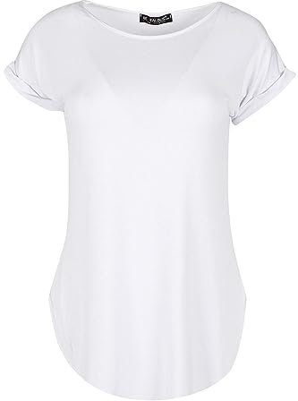 Ladies Curved Hem Jersey Plain Top Womans Round Neck Turn Up Cap Sleeve T Shirt (18, White)