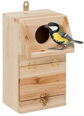 Relaxdays Nistkasten für Kohlmeise & Gartenrotschwanz, mit Reinigungsklappe, Holz, Vogelnistkasten zum Aufhängen, Natur, 1 Stück