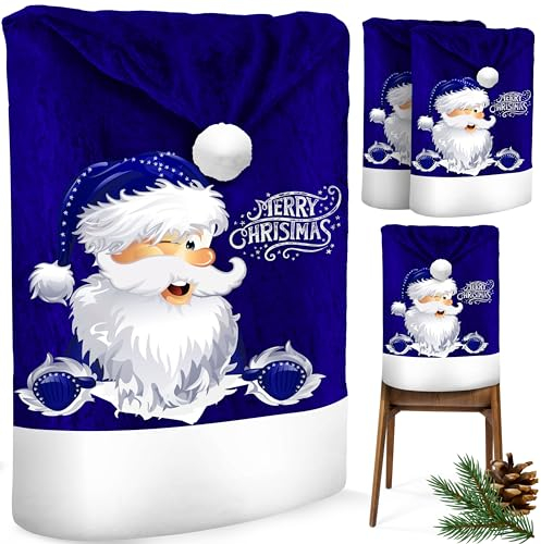 KESSER® Premium Weihnachtsstuhlüberzug 2er Set Stuhlhussen für Weihnachten Nikolausmütze Stuhlbezug Husse Weihnachtsdeko für Stühle Überzieher - Stuhlabdeckung im weihnachtlichen Design, Blau / Weiß
