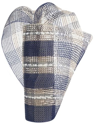 HUIHUANG Navy Blue Deco Mesh 10 inch Rolls Metallic Fabric Plaid Mesh Blue and Champagne White Snowball Mesh Ribbon for Christmas Tree, Garlands, StaircaseWreath Supplies, Bows-10 Yards