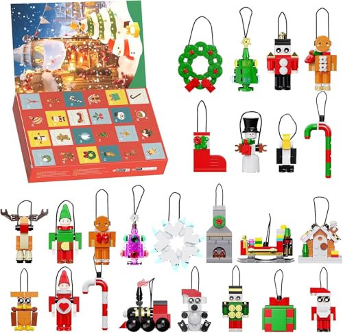 ZIQILIGHTING 24 Tage Countdown Adventskalender Baukasten, Weihnachtsschmuck Spielset mit Weihnachtsmann, hängende Dekorationen, Display Geschenk für Jungen, Mädchen und Party Favors(570PCS)