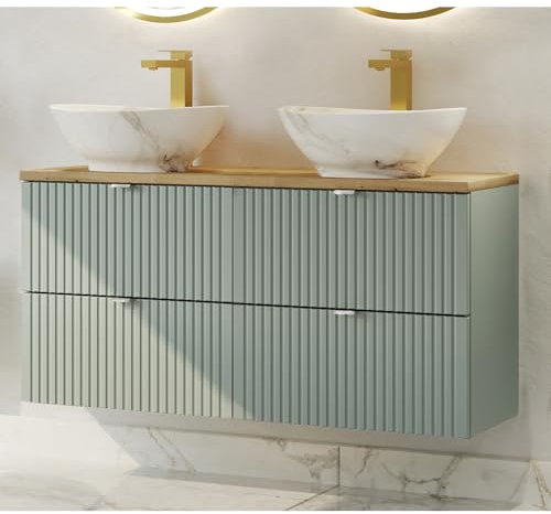 Lomadox Doppelwaschtisch 120cm, grün und Eiche, gerillte Front, hängende Montage, geringe Tiefe 40cm