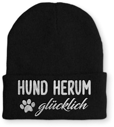 tshirtladen Beanie Hund Herum glücklich Wintermütze Mütze mit lustigem Spruch, Farbe: Black