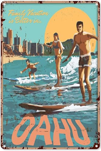 Surfing-Dekorationen für Zuhause, Oahu Hawaii Reiseposter, Oahu Hawaii Surfen, Hawaii-Poster, Vintage-Reiseposter, Surf-Geschenke, Metallschild, 30,5 x 40,6 cm