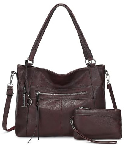 BAIGIO 2-teilige Handtasche Damen Umhängetasche Mittelgroß Shopper Tasche PU Leder Crossbody Tote Bag Set Schultertasche Damentaschen Henkeltasche Tragetasche mit Geldbörse Reißverschluss, Dunkel Plum