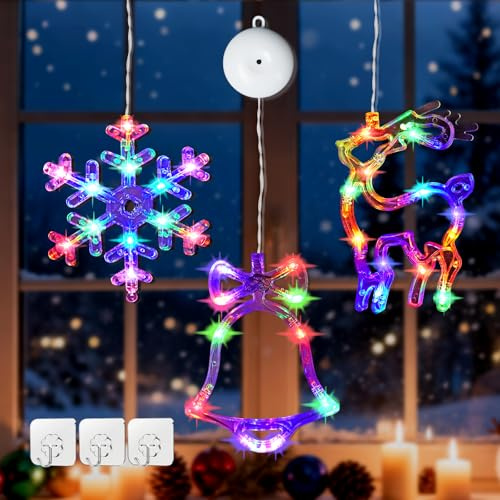 Weihnachtsdeko, 3 Stück Fenster Weihnachtsbeleuchtung Weihnachtsrentier, Schneeflocke, Glöckchen LED Weihnachtsdeko Fenster Hängelichter mit Saugnapf, Timer, batteriebetrieben für Weihnachtsdekoration