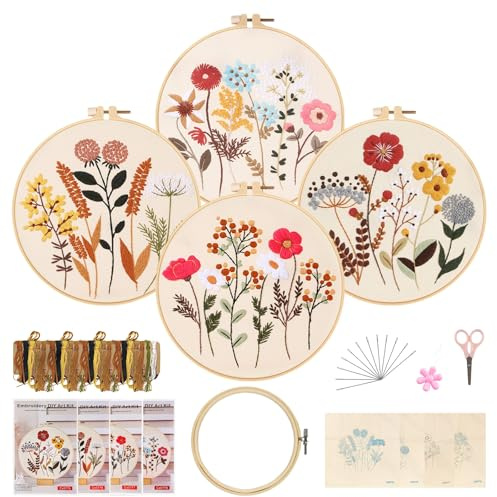 Joyeee Kit Bordado Principiantes, Embroidery Starter Kit con 4pcs Plantilla de Patrones Floral Bastidor e Tela para Bordar Aguja Hilo Instrucciones Herramientas, set Bordado Completo para Adulto Niño
