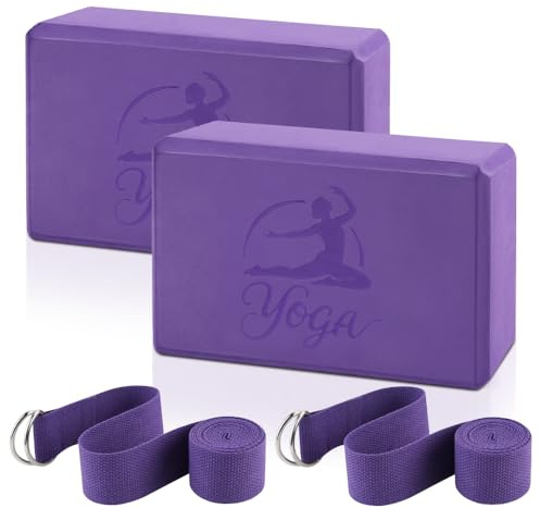 FHDUSRYO Yoga-Block und 2 Yoga-Gurt-Set, rutschfeste EVA-Schaum-Blöcke, hochdichte Yoga-Steine mit 1,8 m langem Gurt, stützendes latexfreies Yoga-Block-Zubehör für Pilates, Stretching (Lila, 22,9 x