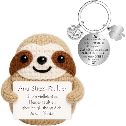 Farbeele Anti-Stress Faultier und Glücksbringer-Schlüsselanhänger, Einschulung Geschenk, Pocket Hug Positive Figur, MutmacherGeschenk, Glücksbringer Prüfung, Geburtstagsgeschenk