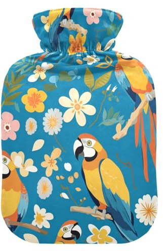 Tropische Sommer-Ara Vogel Wasserflasche für heißes Wasser mit weichem Bezug, 2L warme Wasserflasche für Bett für Bauchwärmer, Bauchwärmer, Bauchwärmer