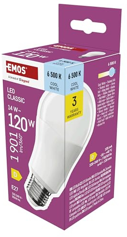 EMOS - LED Lampe A60-Birne, 14W Ersatz für 120W Glühbirne - klassiche Birne mit E27 Sockel, Helligkeit 1901 lm, Kaltweiß 6500 K - 30000 h Lebensdauer, CRI min. 80, 180° Abstrahlwinkel