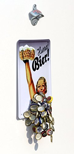 Wand-Flaschenöffner/orig. STARR-X-Öffner mit Magnetfalle/Fang-Magnet + Blech-Schild Hurra Bier