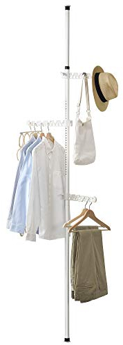 Porte-Manteau téléscopique avec Hauteur réglable 3 Niveaux 3 Crochets et 1 Barre téléscopique Métal et Plastique Hauteur réglable Entre 110-305 cm Blanc