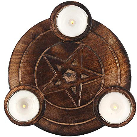 Enchanting Brown Wood Pentagram Tea Light Candle Holder - 2.5cm x 17.2cm (1 Pc) - Exquisite Decoration, Quality Craftmanship - Ideal for Spiritual Home Decor