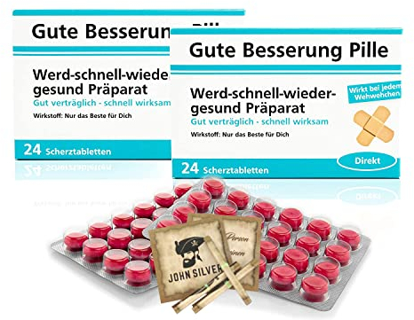 Lustige Pillen GUTE BESSERUNG Pille 2er Set, als Geburtstagsgeschenk. Spaß, Anti Stress, gute Laune, Junggesellenabschied Mann und Frau. mit John Silver® Orakelsprüchen
