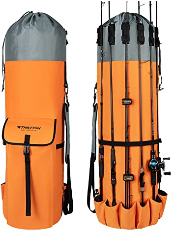 THKFISH Angelrutentasche Angeltasche Angelrute Reisetasche 900D Oxford-Stoff, Angelrute Tragetasche zur Aufbewahrung von bis zu 6 Ruten mit Rollen, Orange