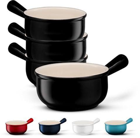 KooK Französische Zwiebel-Suppenschüsseln, Suppentöpfe mit Griffen, 425 ml, Keramikschalen, mikrowellen-, spülmaschinen- und ofenfest, Steingut, Schwarz, 4 Stück